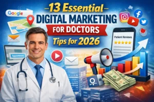 Male doctor using digital tools like a website dashboard, online reviews, maps, and analytics to represent digital marketing for doctors in 2026