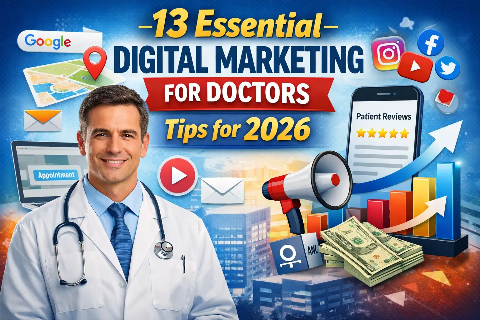 Male doctor using digital tools like a website dashboard, online reviews, maps, and analytics to represent digital marketing for doctors in 2026