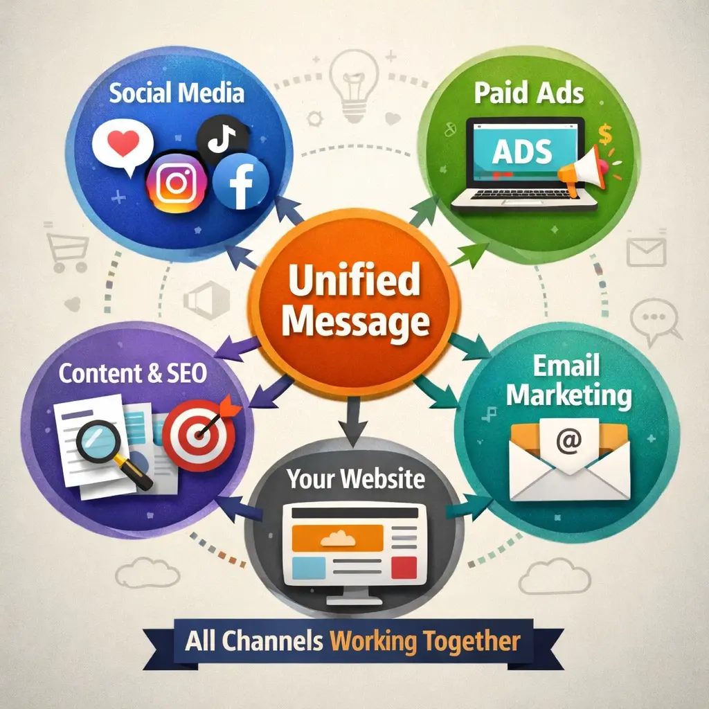 How integrated digital marketing channels work together across content, social media, email, paid ads, and customer journey touchpoints