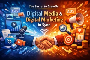 Digital media and digital marketing working together to drive online business growth through content, SEO, ads, and analytics
