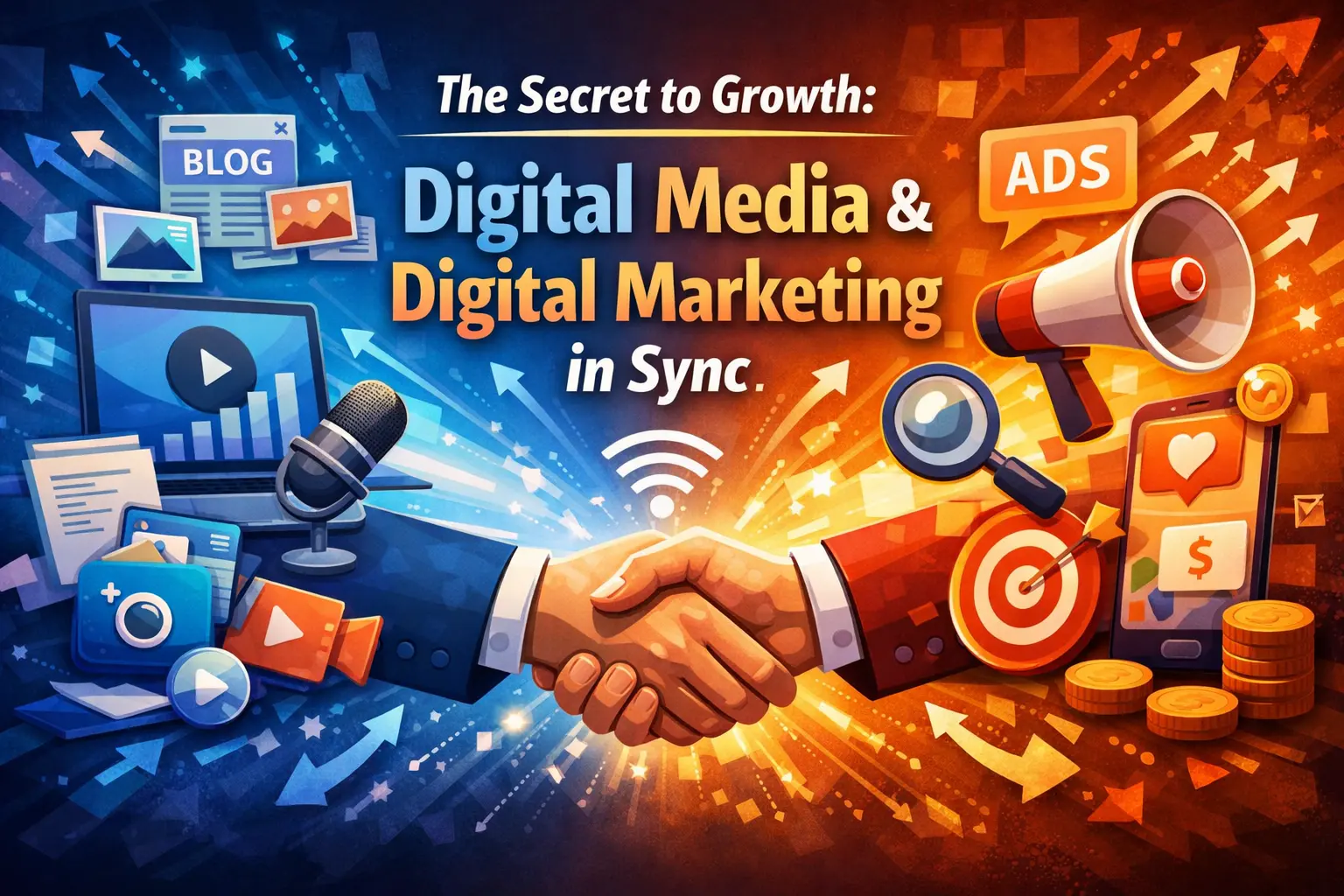 Digital media and digital marketing working together to drive online business growth through content, SEO, ads, and analytics