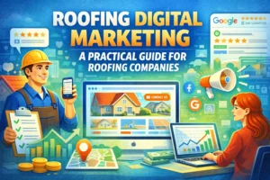 Roofing digital marketing strategy showing a roofer, search results, and online growth charts representing lead generation for roofing companies