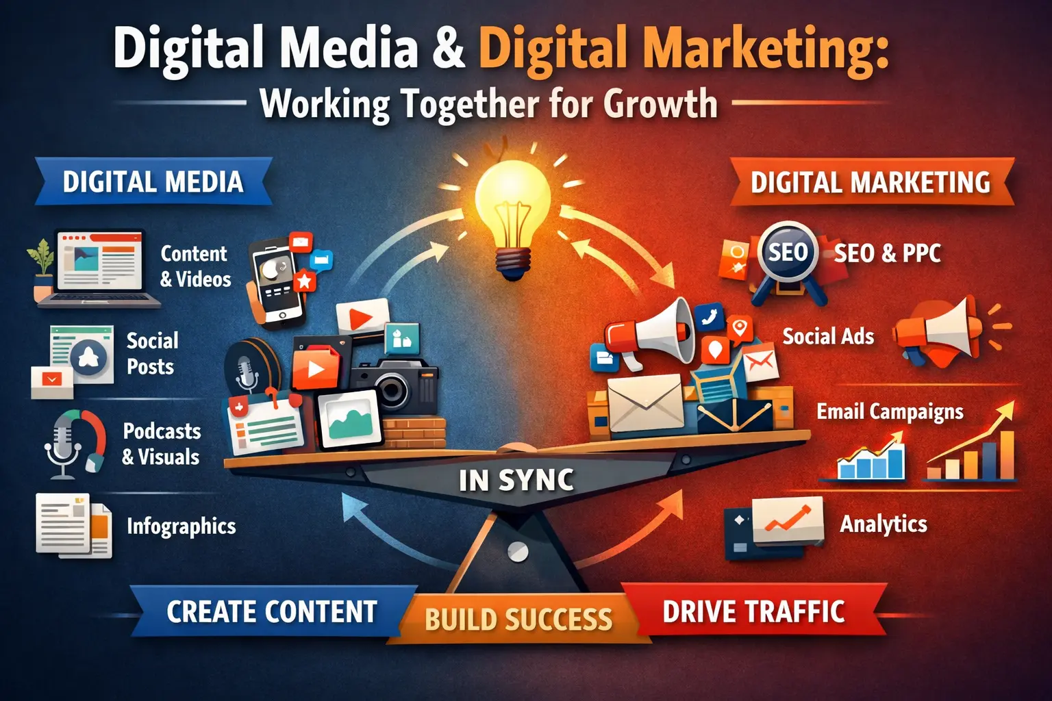 Visual comparison showing how digital media and digital marketing stay in sync to increase visibility, engagement, and conversions