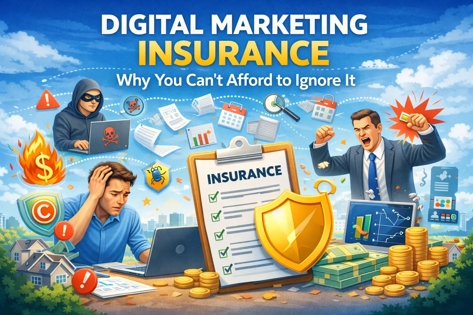 Digital marketing insurance illustration showing stressed marketing professionals, cyber threats, financial risks, and a shield symbol representing protection for digital agencies