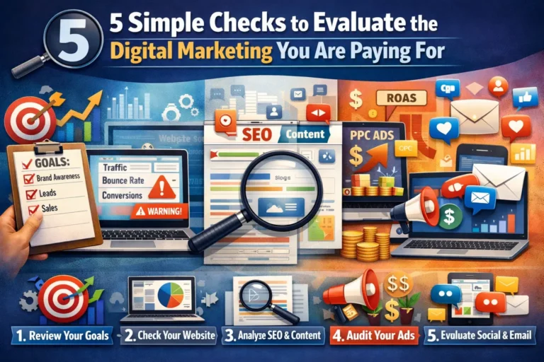 Infographic showing five ways to evaluate the digital marketing performance, including goals, website analytics, SEO content, paid advertising metrics, and social media engagement.