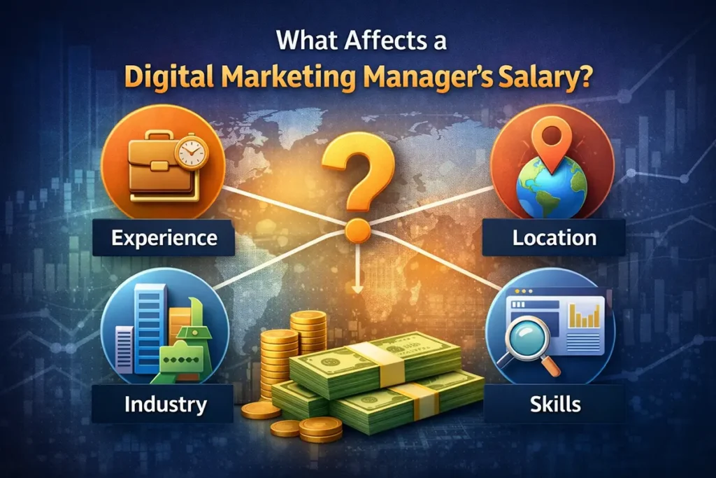 Key factors that affect the average salary of a digital marketing manager, including experience, location, industry, and skills