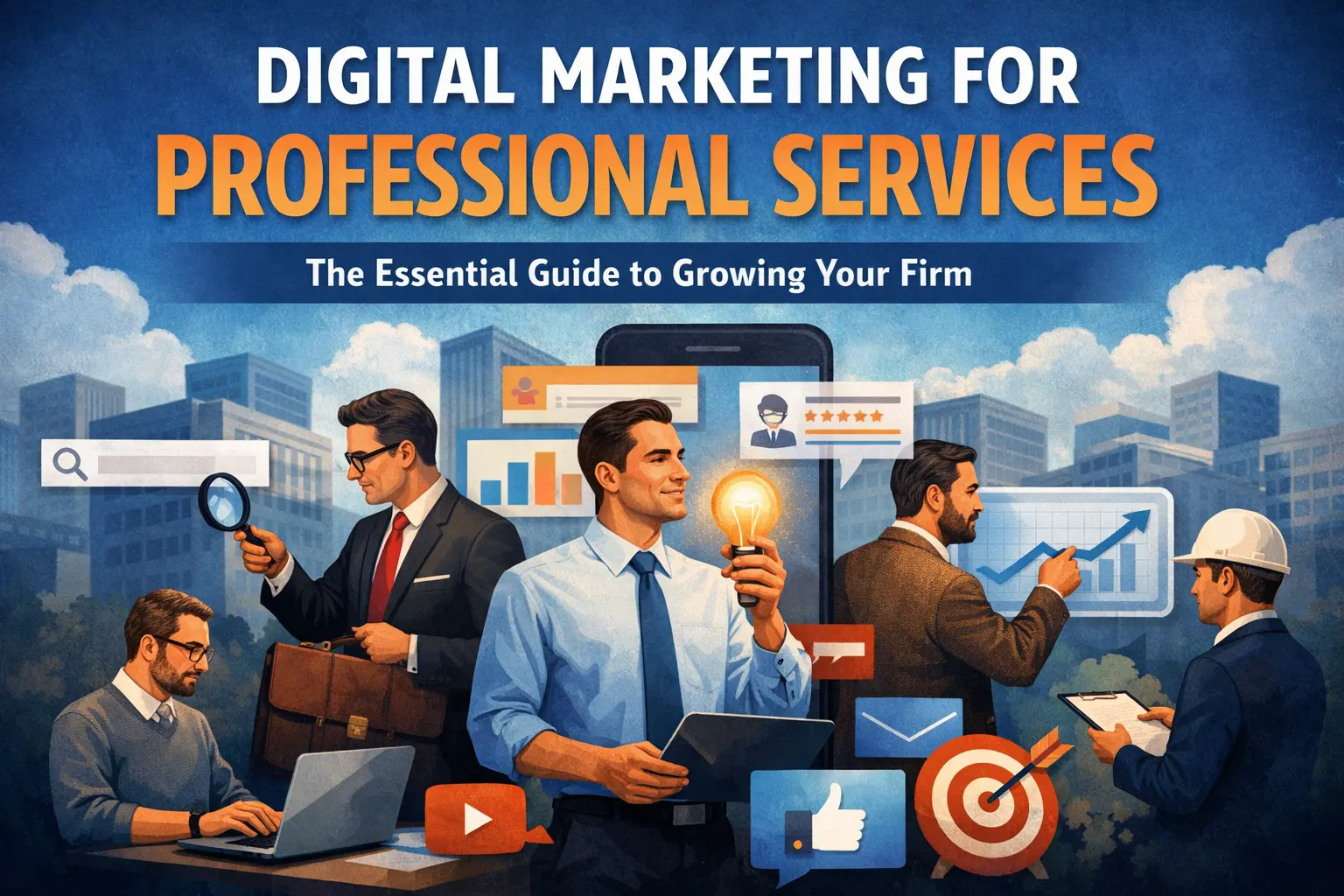 Digital marketing for professional services buyer journey showing awareness, research, and decision stages through SEO, content marketing, and trust building visuals