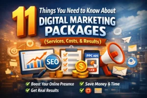 Digital marketing packages showing SEO, PPC ads, ROI growth, social media marketing, content marketing, and pricing results on a business dashboard