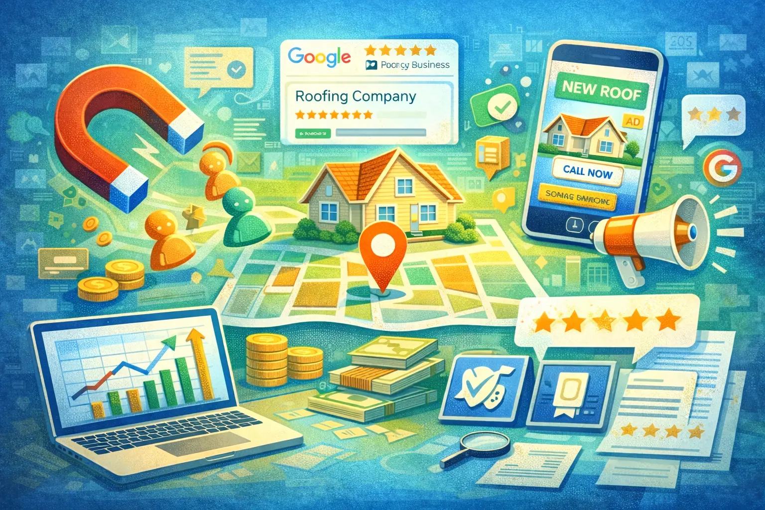 Homeowner searching for emergency roof repair online while a local roofer appears in Google search results, illustrating roofing digital marketing in action