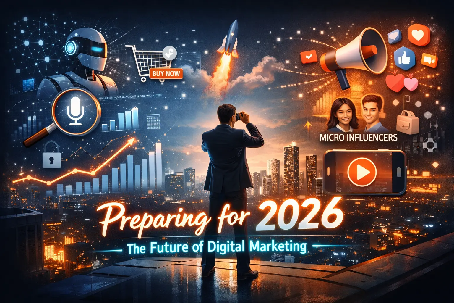 Digital marketing insights visual showing AI technology, first party data, video marketing, social media engagement, and omnichannel strategy