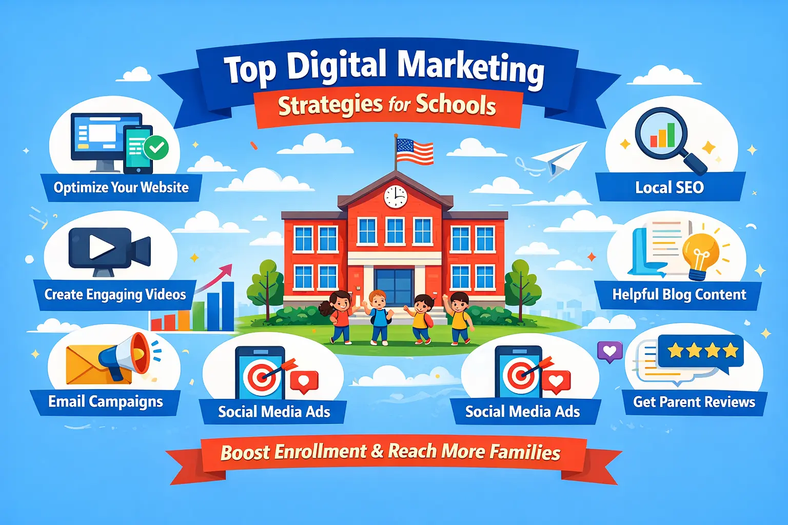 Digital marketing for schools concept showing parents researching schools online through mobile phones, videos, social media, and local search, highlighting trust building and enrollment growth.