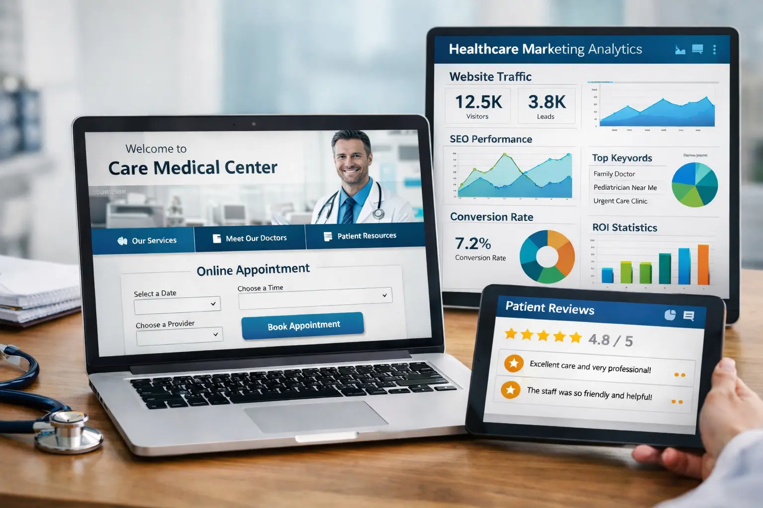 Doctor analyzing online performance data while patients search for local doctors using Google maps, reviews, and mobile search results