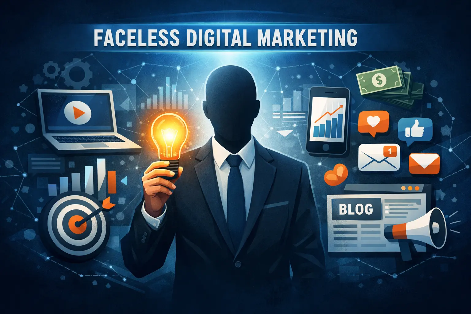 Faceless digital marketing team collaborating with laptops, charts, and growth metrics, focused on systems over personal branding.