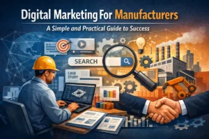 Digital marketing for manufacturers showing an engineer using a laptop with SEO, analytics, factory equipment, and B2B sales concepts in the background
