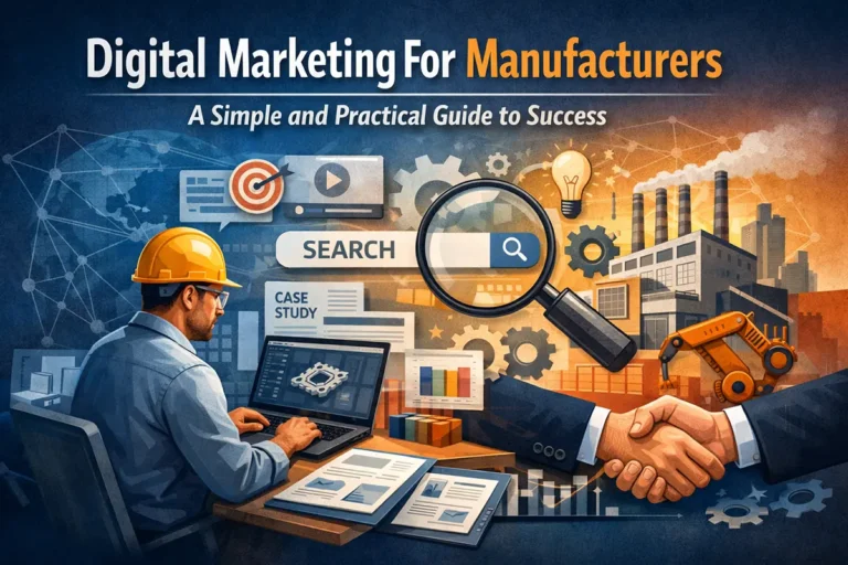 Digital marketing for manufacturers showing an engineer using a laptop with SEO, analytics, factory equipment, and B2B sales concepts in the background