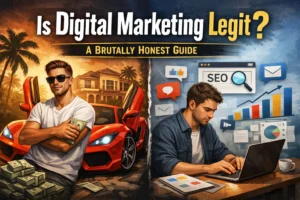 Is digital marketing legit showing the contrast between fake get rich quick hype and real digital marketing work with SEO tools and analytics dashboards