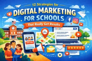 Digital marketing for schools illustrated with a school campus, website, social media icons, search results, email marketing, and online advertising tools used to attract parents and increase enrollment.