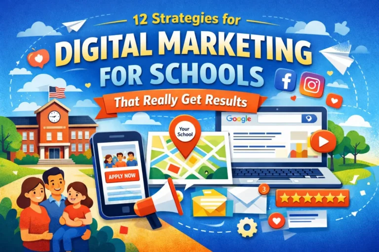 Digital marketing for schools illustrated with a school campus, website, social media icons, search results, email marketing, and online advertising tools used to attract parents and increase enrollment.