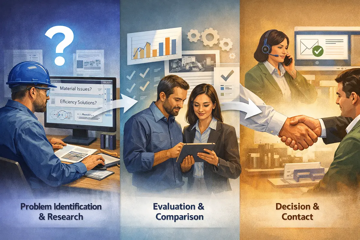 Manufacturing buyer journey illustrating problem identification, evaluation and comparison, and final decision with digital research and sales interaction