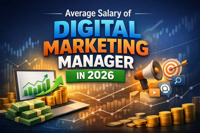 Average salary of digital marketing manager in 2026 shown with growth charts and marketing icons