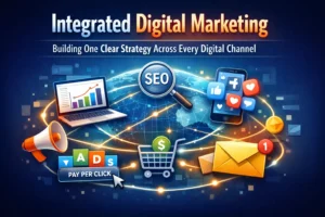 Integrated digital marketing strategy showing SEO, paid ads, social media, email marketing, and website working together as one connected system