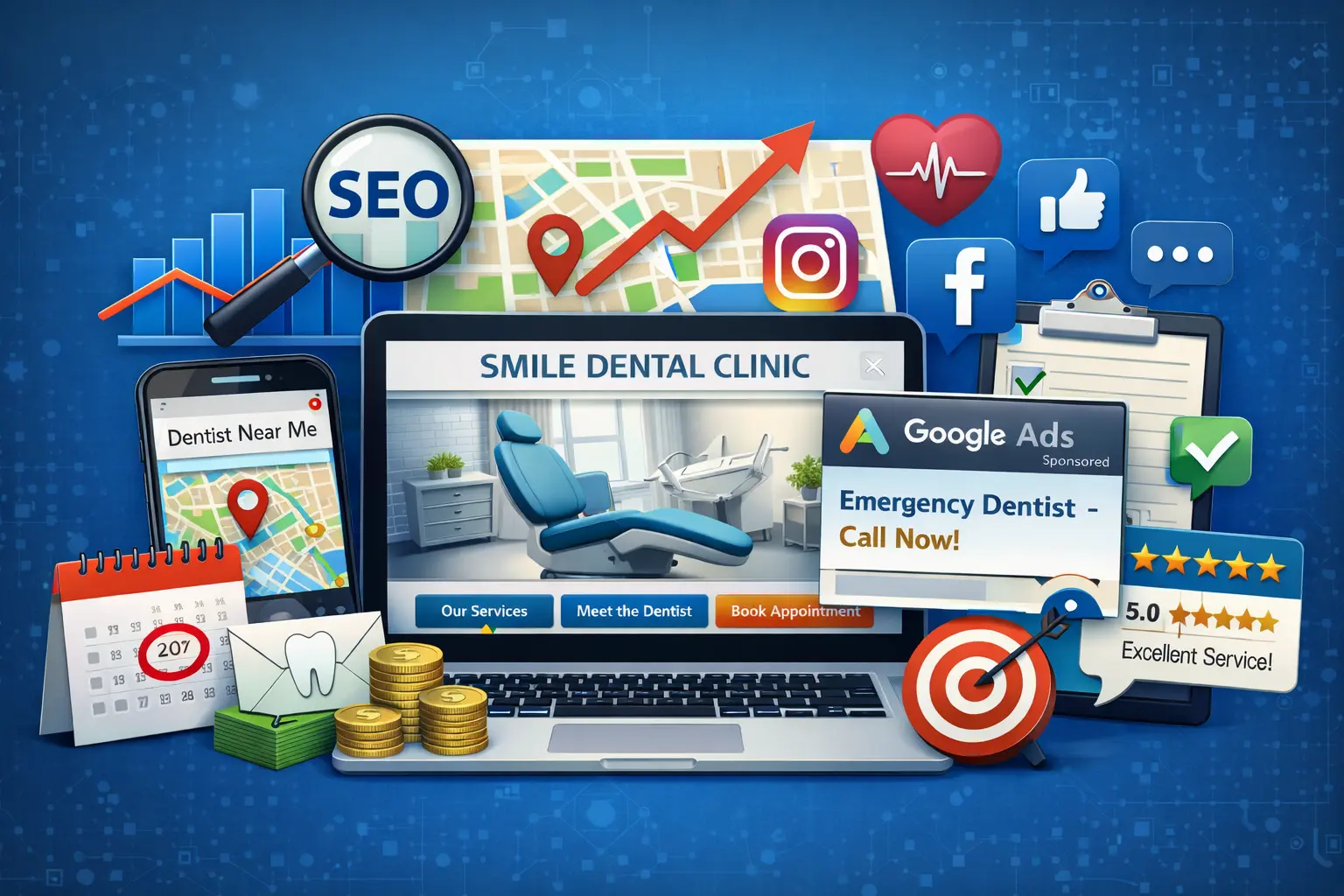Digital marketing for dentists concept with local search, online ads, website bookings, and reputation management for dental practices