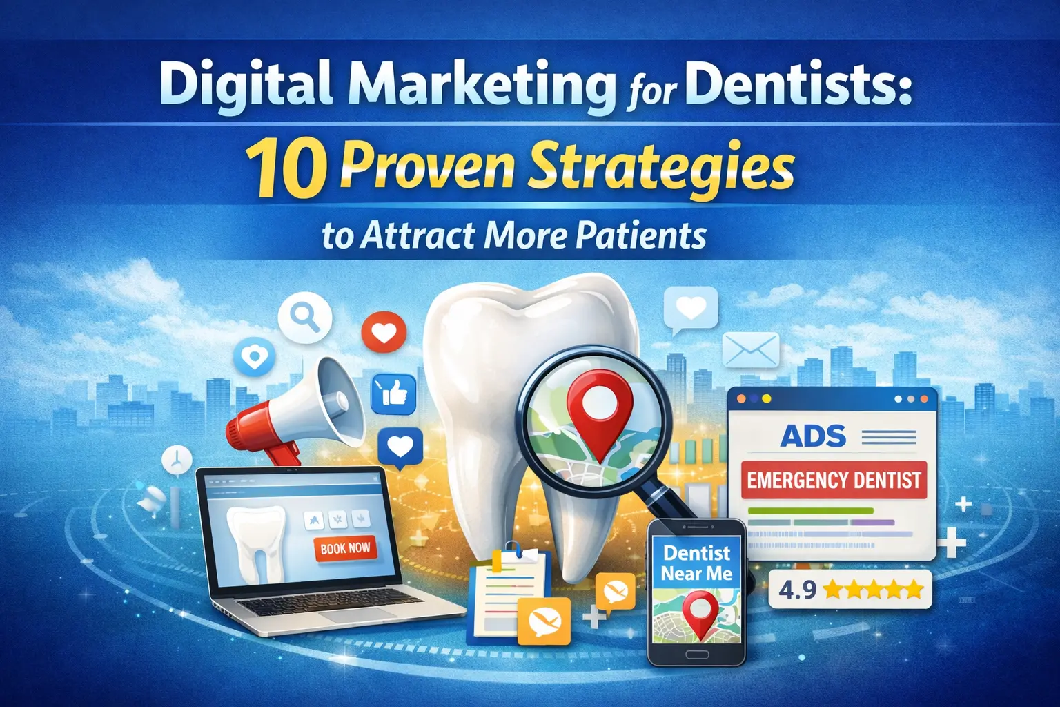 Digital marketing for dentists showing local SEO, Google Ads, online reviews, and website growth strategies for dental clinics