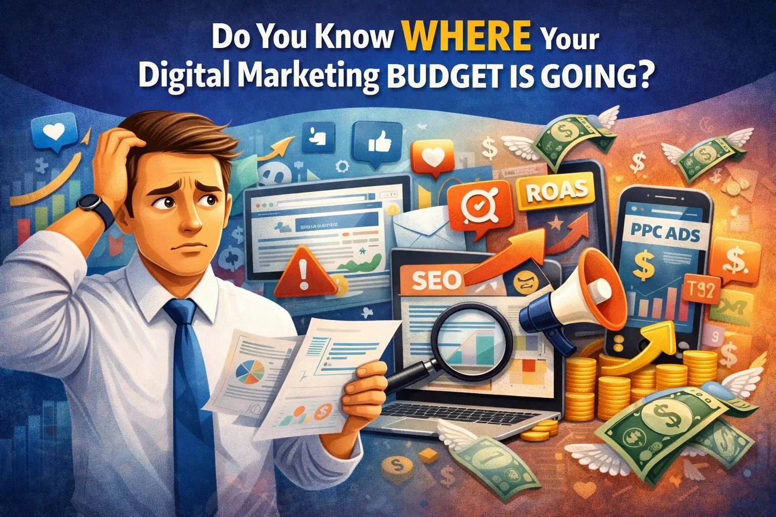 Illustration showing how to evaluate the digital marketing budget using SEO reports, PPC ads, ROAS metrics, website analytics, and online advertising costs.
