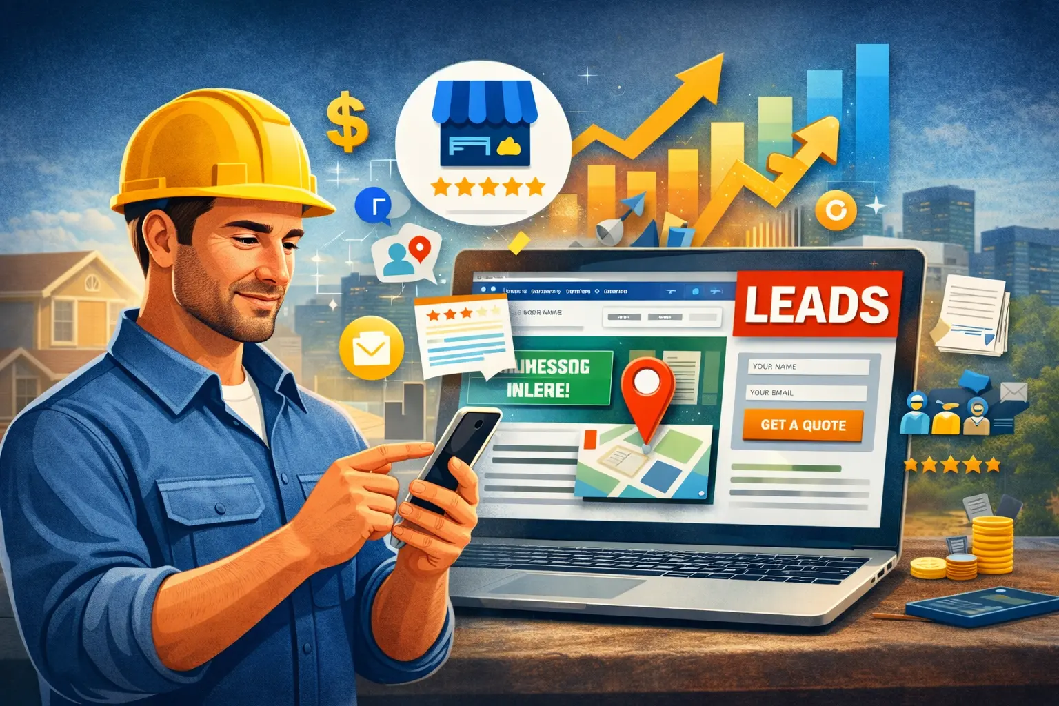 Contractor using digital marketing tools to generate local leads through SEO, online ads, and optimized websites