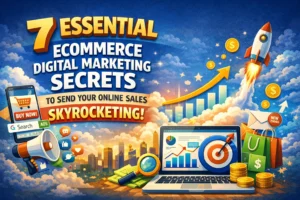 Ecommerce digital marketing strategy illustration showing online sales growth with SEO, PPC, social media, email marketing, analytics dashboards, and rising revenue charts.