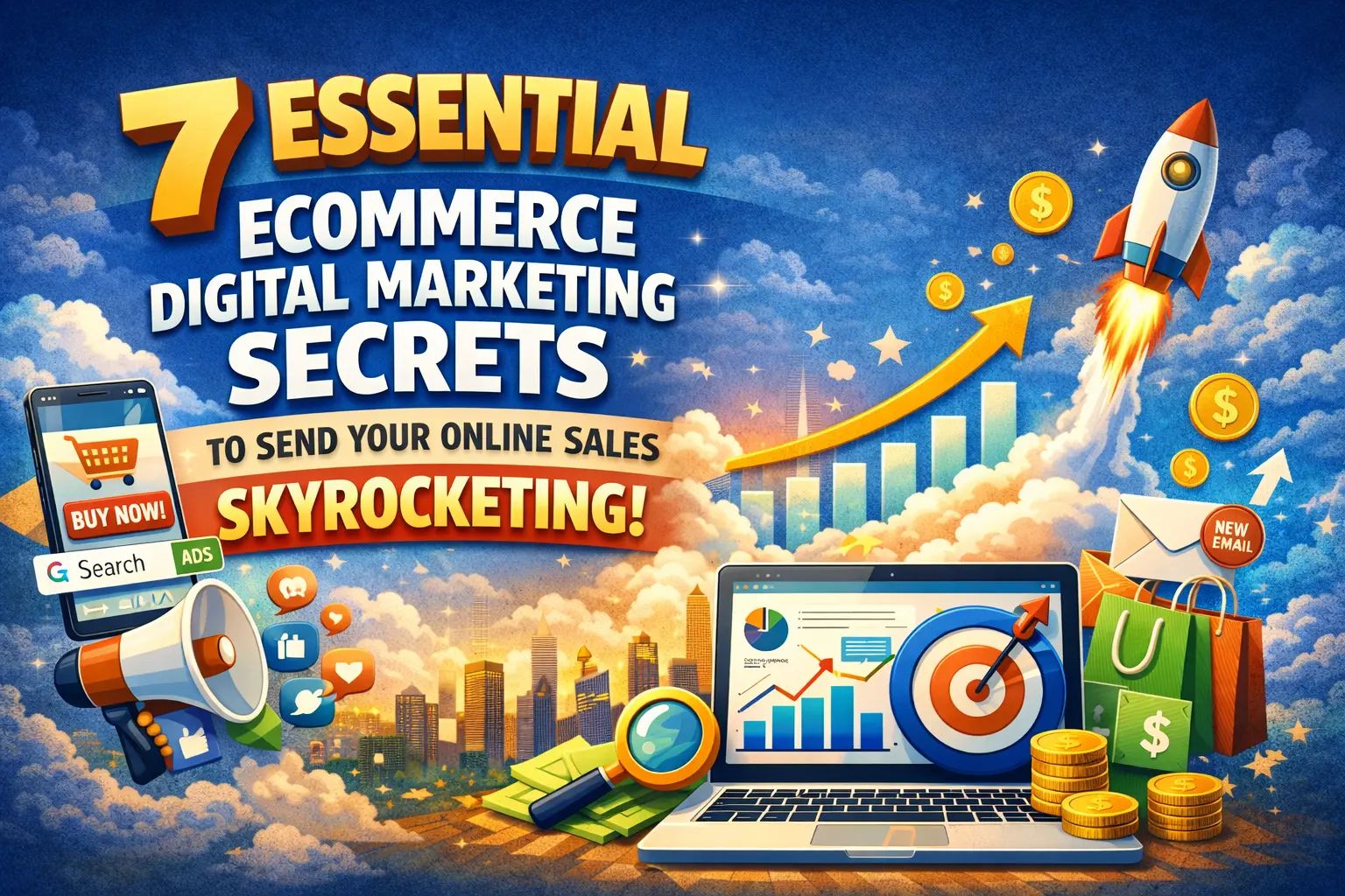 Ecommerce digital marketing strategy illustration showing online sales growth with SEO, PPC, social media, email marketing, analytics dashboards, and rising revenue charts.