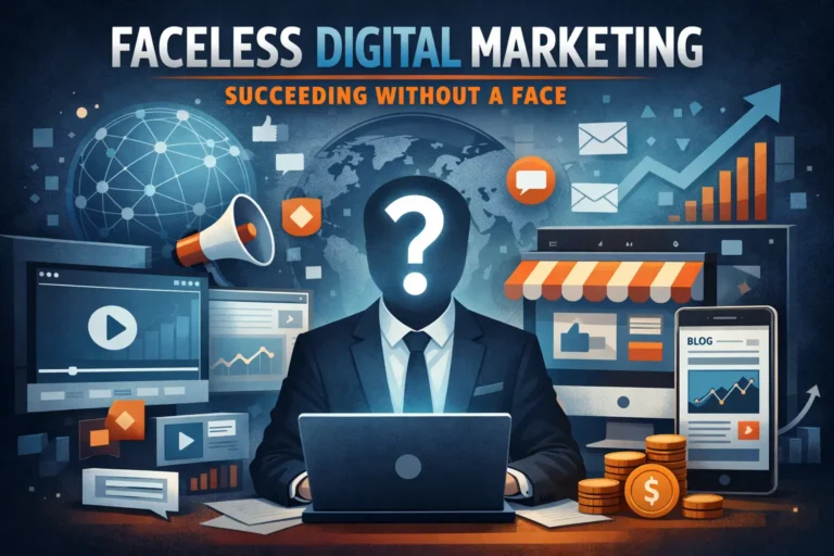 Faceless digital marketing concept showing a headless professional working on a laptop with analytics, content, and monetization icons around the brand.