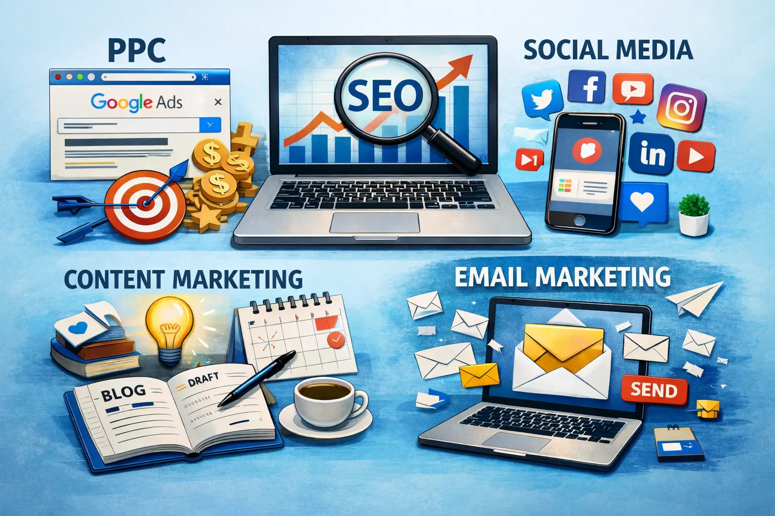 Core services included in digital marketing packages such as SEO, PPC advertising, social media marketing, content marketing, and email marketing