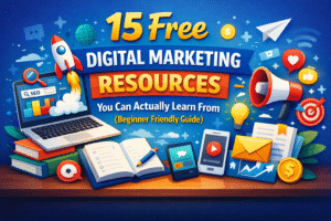 15 free digital marketing resources explained for beginners with SEO, content, and social media visuals