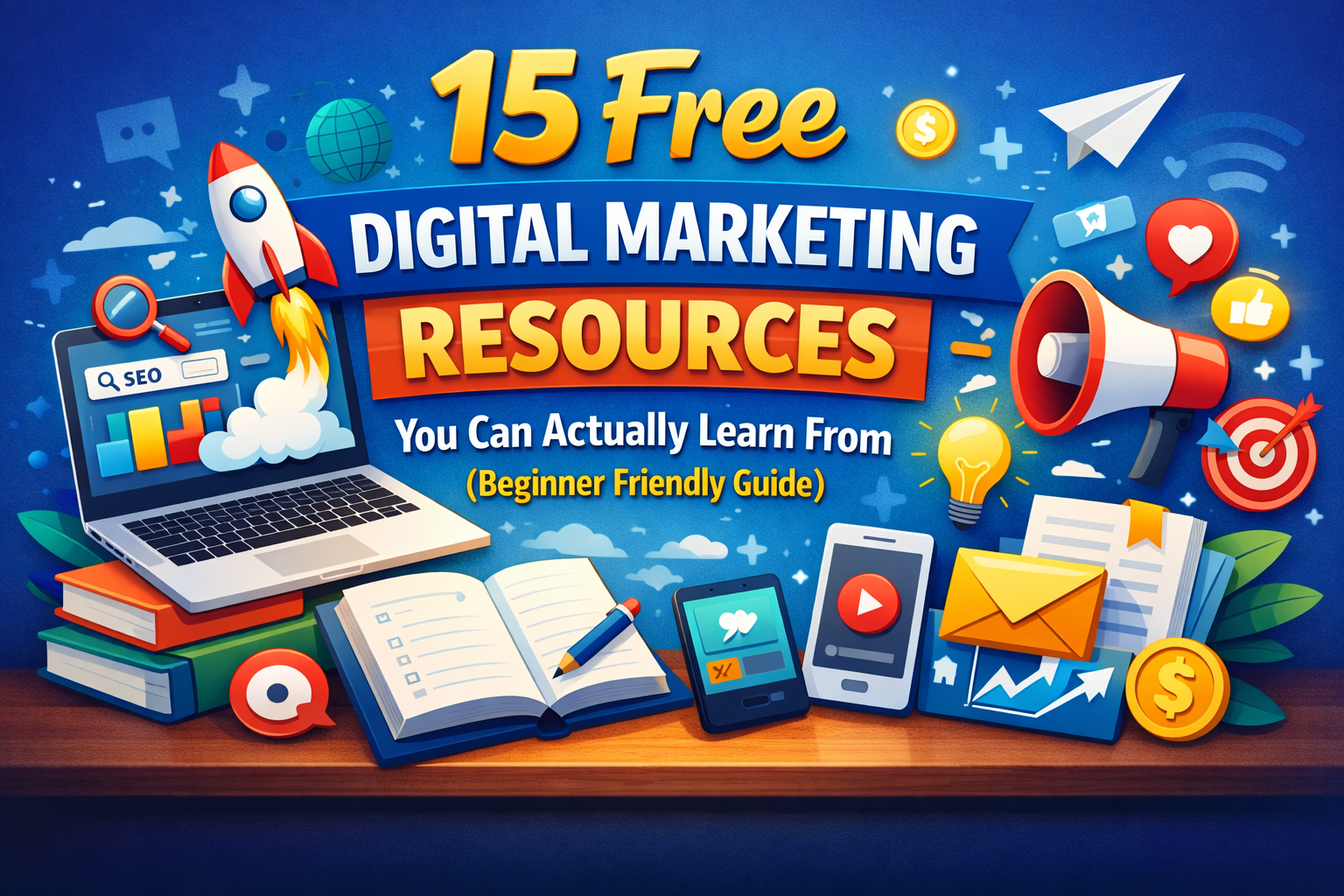 15 free digital marketing resources explained for beginners with SEO, content, and social media visuals