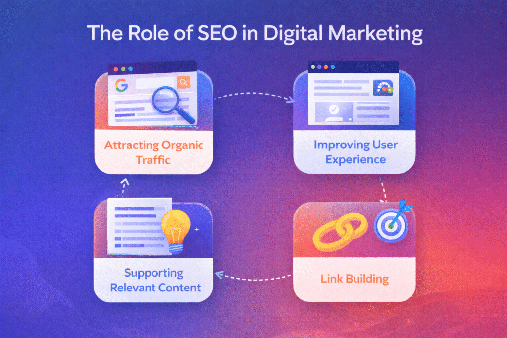 Infographic explaining what is the role of SEO in digital marketing through organic traffic, user experience, relevant content, and link building