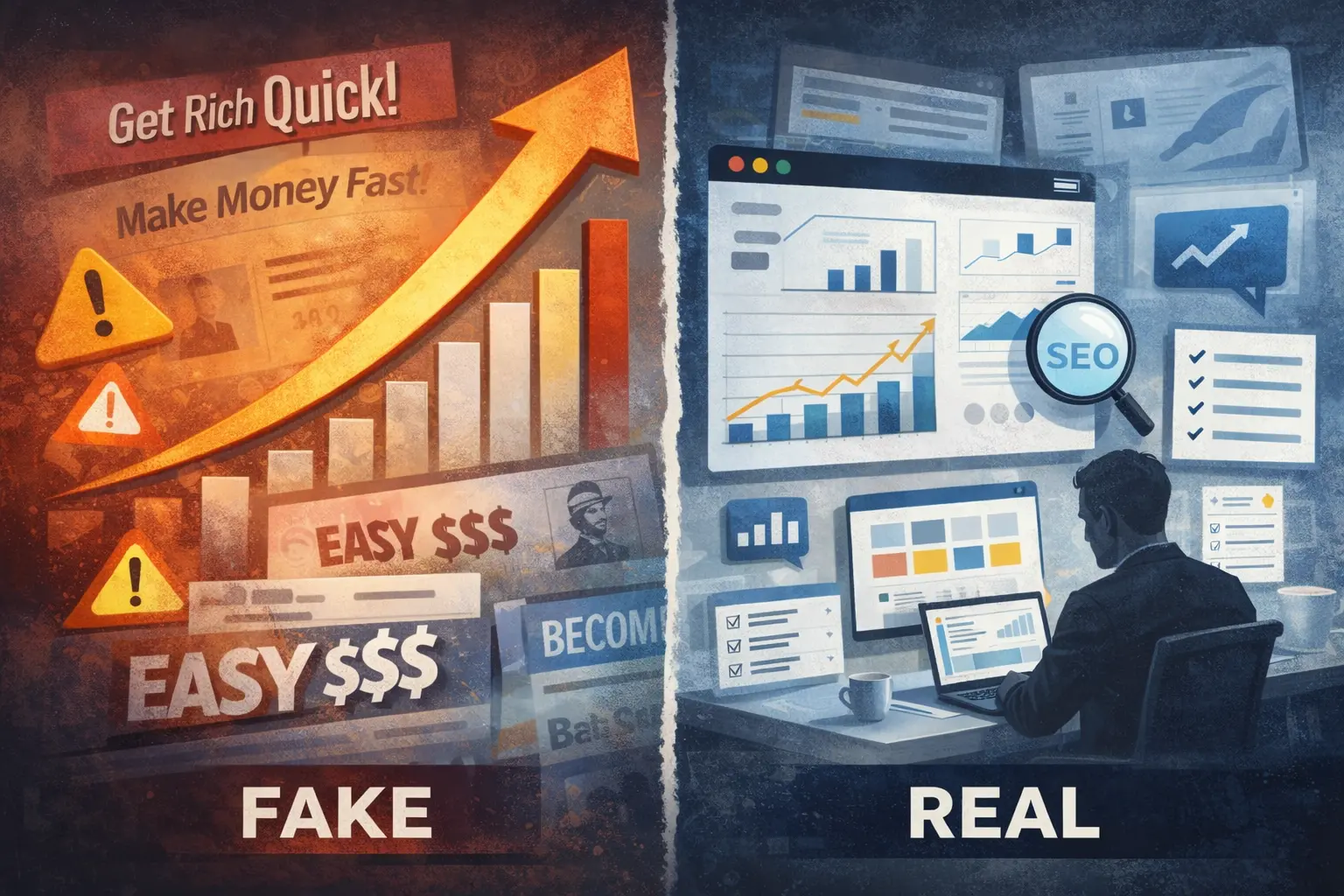 Is digital marketing legit? Image showing fake get rich quick hype versus real digital marketing with SEO analytics, data, and steady growth