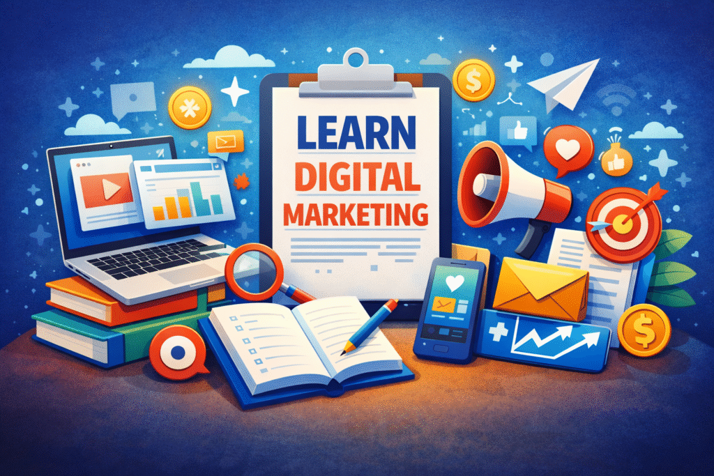 Visual guide showing how beginners can learn digital marketing using free online resources and tools