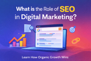 Illustration showing the role of SEO in digital marketing with search results, growth charts, and organic traffic concepts