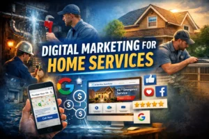 Digital marketing for home services showing plumbers and HVAC technicians appearing in local Google searches and online ads