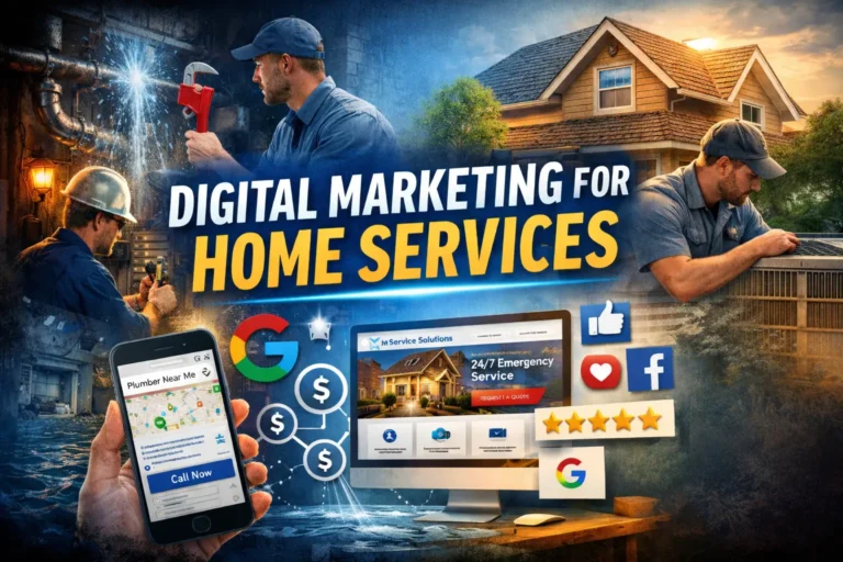 Digital marketing for home services showing plumbers and HVAC technicians appearing in local Google searches and online ads