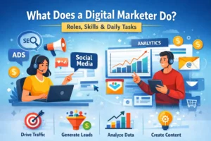 Illustration showing what does a digital marketer do, highlighting SEO, social media, ads, analytics, content creation, lead generation, and daily marketing tasks.