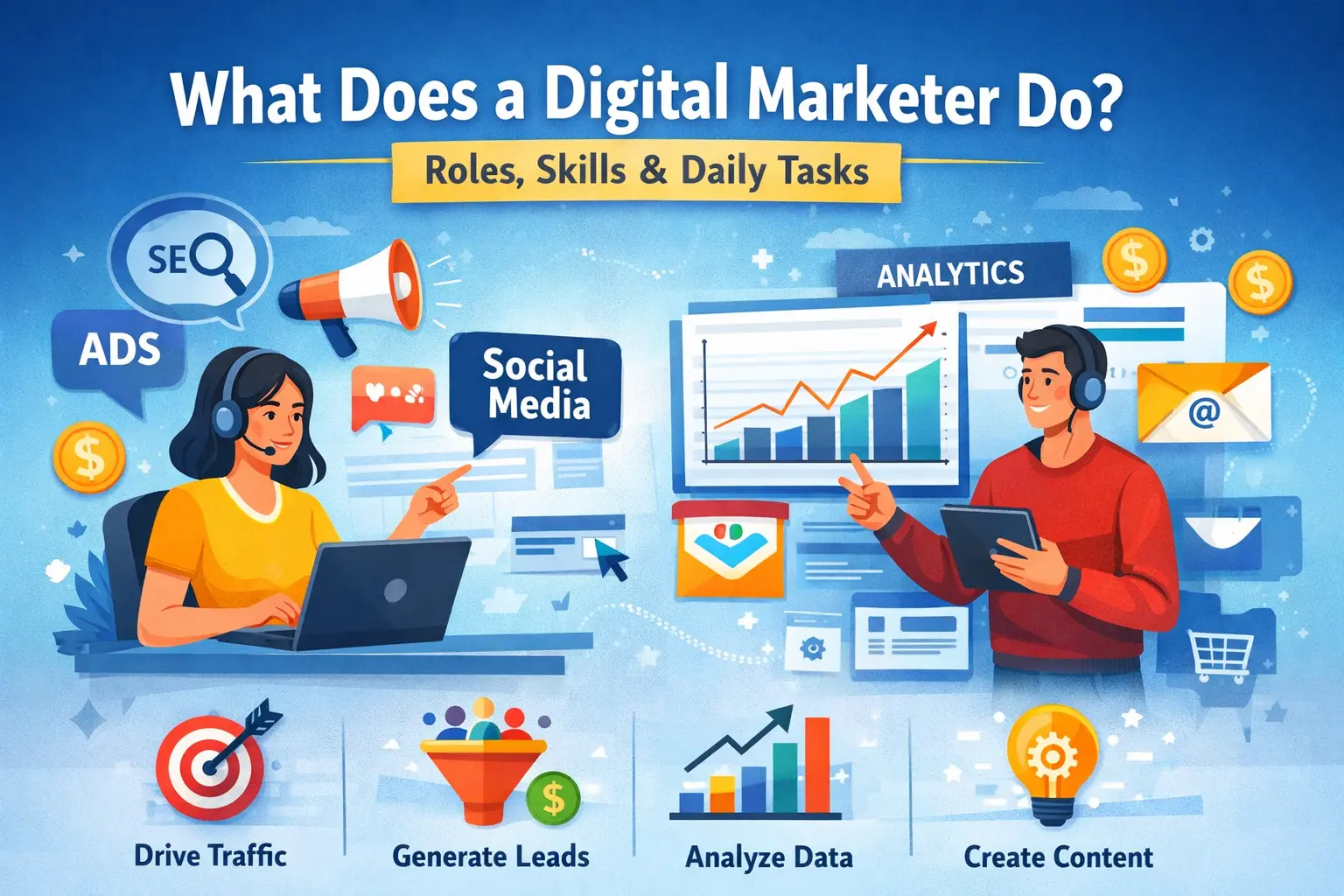 Illustration showing what does a digital marketer do, highlighting SEO, social media, ads, analytics, content creation, lead generation, and daily marketing tasks.