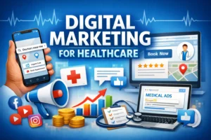 Digital marketing for healthcare showing online doctor search, appointment booking, Google Ads, reviews, and mobile healthcare marketing tools in action