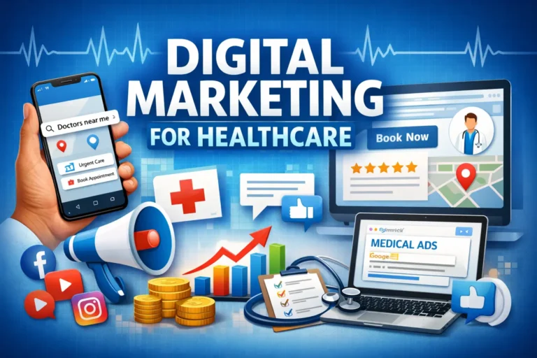 Digital marketing for healthcare showing online doctor search, appointment booking, Google Ads, reviews, and mobile healthcare marketing tools in action