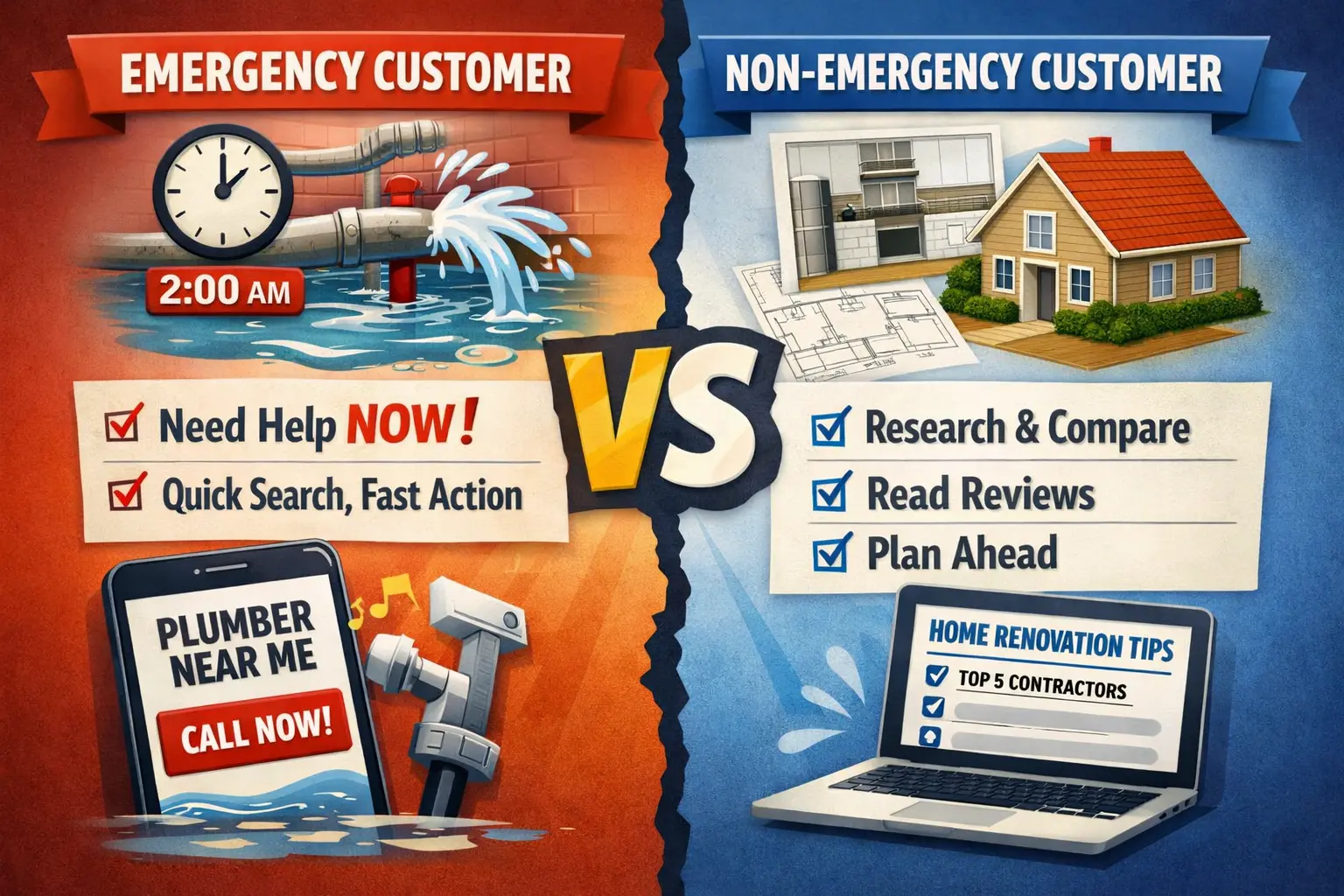 Digital marketing for home services showing emergency and non emergency customer search behavior online