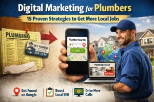 Digital marketing for plumbers showing a modern plumber using a smartphone to get local calls through Google search, SEO, and online lead generation