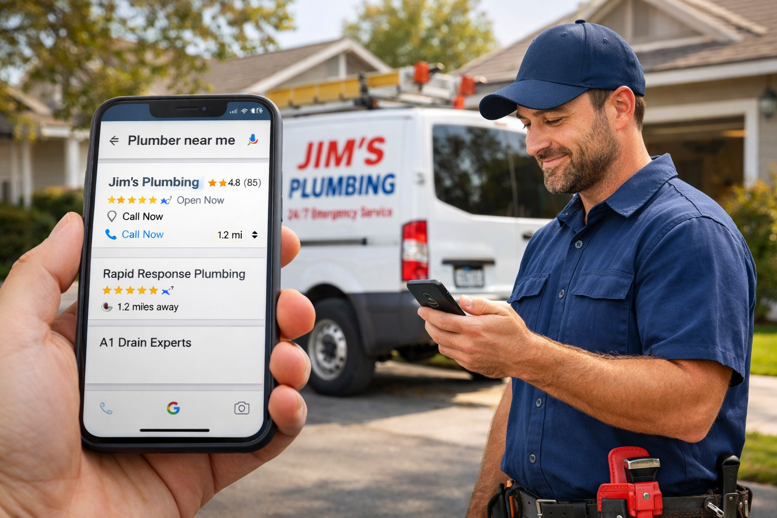 Digital marketing for plumbers comparing old advertising with modern SEO, Google Ads, and website traffic tracking for plumbing businesses