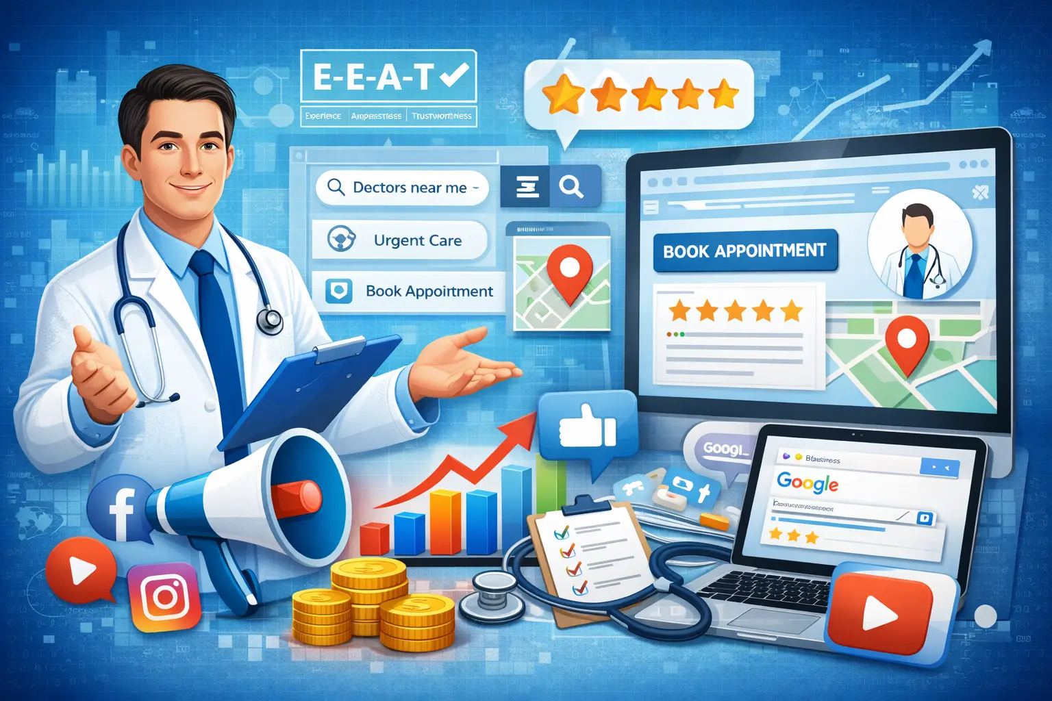 Digital marketing for healthcare with local SEO, E-E-A-T signals, online reviews, booking system, and performance tracking for medical practices