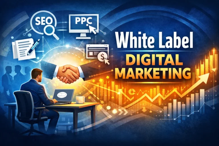 White label digital marketing concept showing an agency partnering with a behind-the-scenes team to deliver SEO, PPC, and content services under the agency brand.